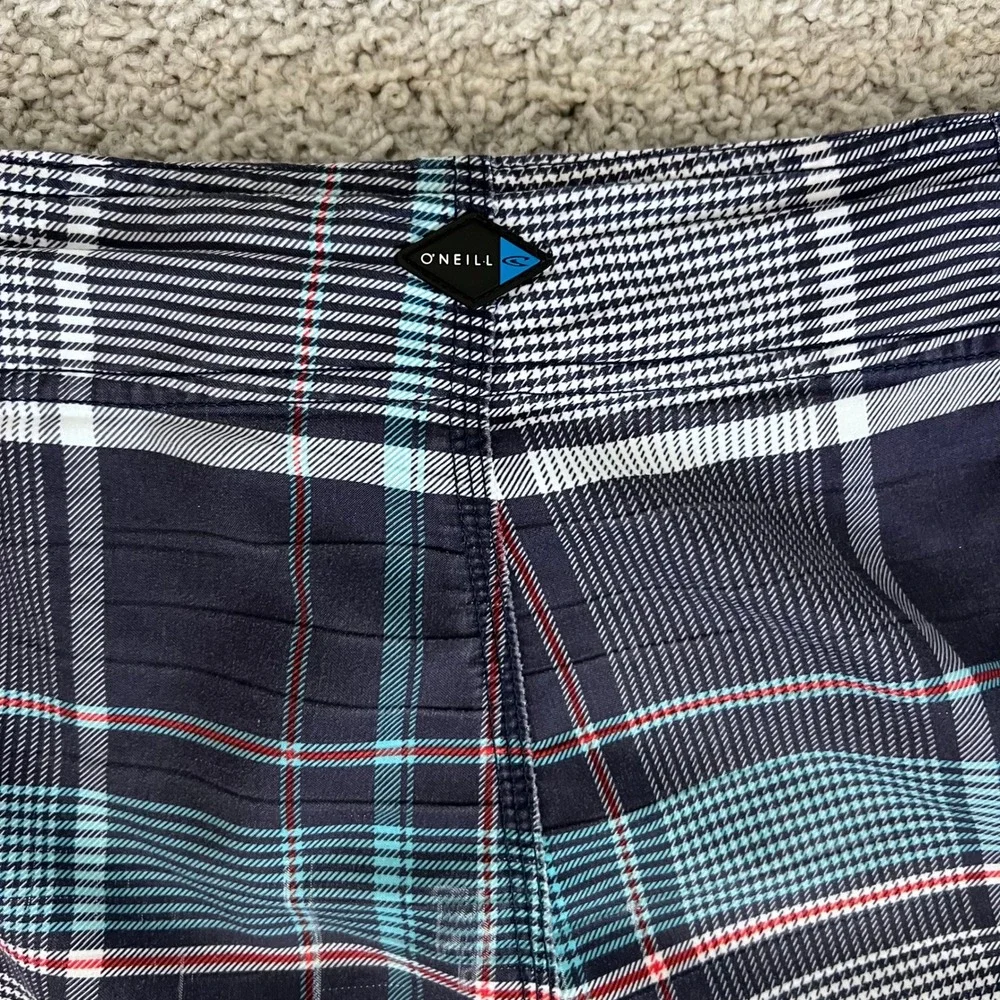 O'Neill Mens Santa Cruz Plaid Board Shorts Size 33 Navy Blue Teal Red 11